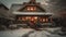 A rustic cottage illuminated by Christmas lights in snowy weather generated by AI