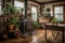 a rustic and cottage-style home with a cast-iron stove, potted plants, and wooden floors