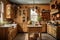 rustic and cottage-style kitchen, with cabinets in warm wood tones and vintage knobs