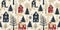 Rustic country christmas cottage with primitive hand sewing fabric effect. border. Cozy nostalgic shabby chic homespun