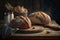 A rustic crusty loaf of bread on a wooden table.