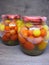 Rustic cuisine of Belarus, tinned food : tomato and cucumber tradional jars