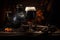 Rustic Dark beer glass on wooden table. Generate Ai