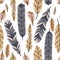 Rustic decorative tribal feathers. Seamless pattern of animals feathers