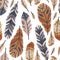 Rustic decorative tribal feathers. Seamless pattern of animals feathers