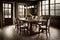 A rustic dining room with a wooden table and vintage chandelier