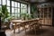 rustic dining room, with wooden tables and chairs, and potted plants for a cottage-style dining experience