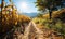 Rustic Dirt Path Leading Through Lush Cornfield Under a Clear Blue Sky Symbolizing Growth and Agriculture