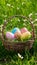 Rustic Easter basket nestled in a bed of green grass and dainty blossoms