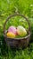 Rustic Easter basket nestled in a bed of green grass and dainty blossoms