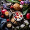 Rustic easter breakfast flat lay with eggs bagels, tulips, croissants, egg, oatmeal with berries, colored quail eggs