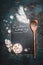 Rustic Easter cooking background with chalkboard , cake , eggs shell von quail, wooden spoon and hyacinth flower