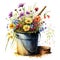 Rustic Elegance: Watercolor Illustration of Field Flowers in a Rusty Bucket