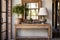 a rustic entryway with a wooden console table and mirror