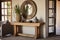 a rustic entryway with a wooden console table and mirror