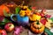 Rustic fall table centerpiece with pumpkins and leaves, close u