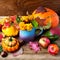 Rustic fall table centerpiece with yellow flowers, square.