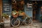 Rustic farm stand with fresh vegetables and a vintage bicycle in a quaint village setting