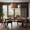 A rustic farmhouse dining room with a long wooden table, mismatched chairs, and hanging pendant lights1