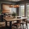 A rustic farmhouse dining room with a long wooden table, mismatched chairs, and hanging pendant lights2