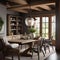 A rustic farmhouse dining room with a long wooden table, mismatched chairs, and hanging pendant lights3