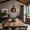 A rustic farmhouse dining room with a long wooden table, mismatched chairs, and hanging pendant lights5