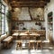 Rustic farmhouse kitchen with a large wooden table and antique fixtures3D render
