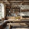 Rustic farmhouse kitchen with a large wooden table and antique fixtures3D render