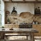 Rustic farmhouse kitchen with a large wooden table and antique fixtures3D render