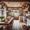 Rustic farmhouse kitchen, stylish spacious cooking area, interior design.