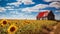 A rustic farmhouse with a red barn and a field of sunflowers swaying in the breeze.