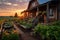 a rustic farmhouse with a vegetable garden and a wooden porch at sunset