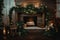 a rustic fireplace surrounded by twinkling lights and natural greenery