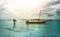 Rustic fishing boat sitting in ocean, zanzibar