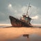 Rustic fishing boat stranded on sandy shore, a relic of seafaring days