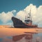 Rustic fishing boat stranded on sandy shore, a relic of seafaring days