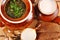 Rustic food, soup in a clay pot