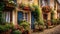 Rustic French cottage with vibrant flower pots and yellow shutters generated by AI