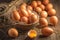 Rustic freshness Raw eggs on a wooden table, farm inspired composition