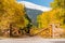 Rustic gate made of logs on unpaved road