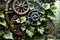 Rustic Gears Entwined with Ivy Symbolizing the Intersection of Nature and Machine, Morning Dew Clings