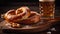 Rustic German lunch on wooden table, beer included generated by AI