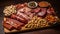 Rustic gourmet meal: smoked prosciutto, beef steak, and pork salami generated by AI