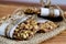 Rustic Granola Bars Stacked and on Burlap with Twine