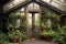 rustic greenhouse doors slightly ajar, revealing plants