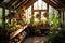 rustic greenhouse filled with vibrant plants