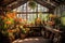 rustic greenhouse filled with vibrant plants