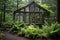 rustic greenhouse nestled among tall trees and ferns