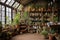 rustic greenhouse with potted plants on shelves