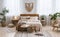 Rustic home design with ethnic boho decoration. Bed with pillows, wooden furniture